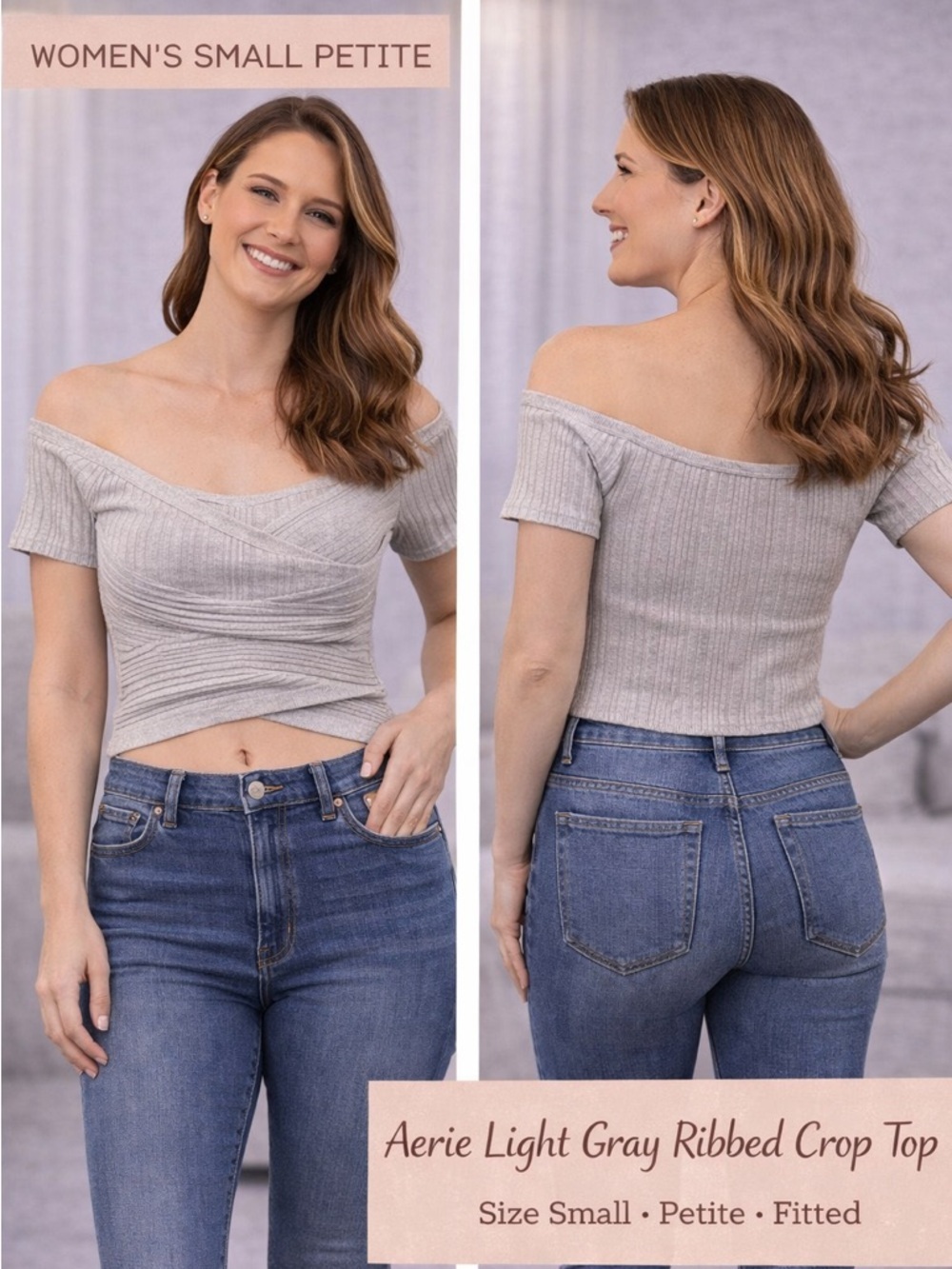 Aerie Light Gray Ribbed Crop Top SMALL PETITE